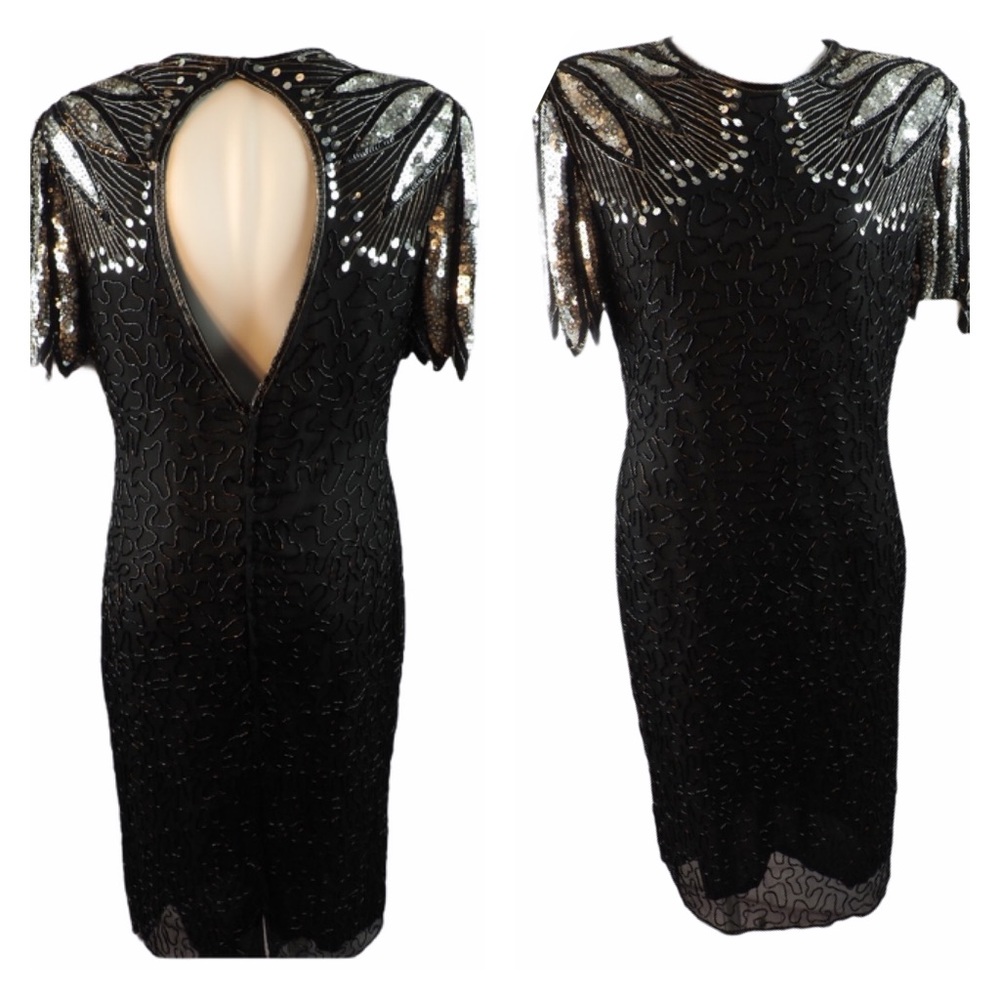 Vintage Black Mini Dress with Silver Sequin Shoulder Accents